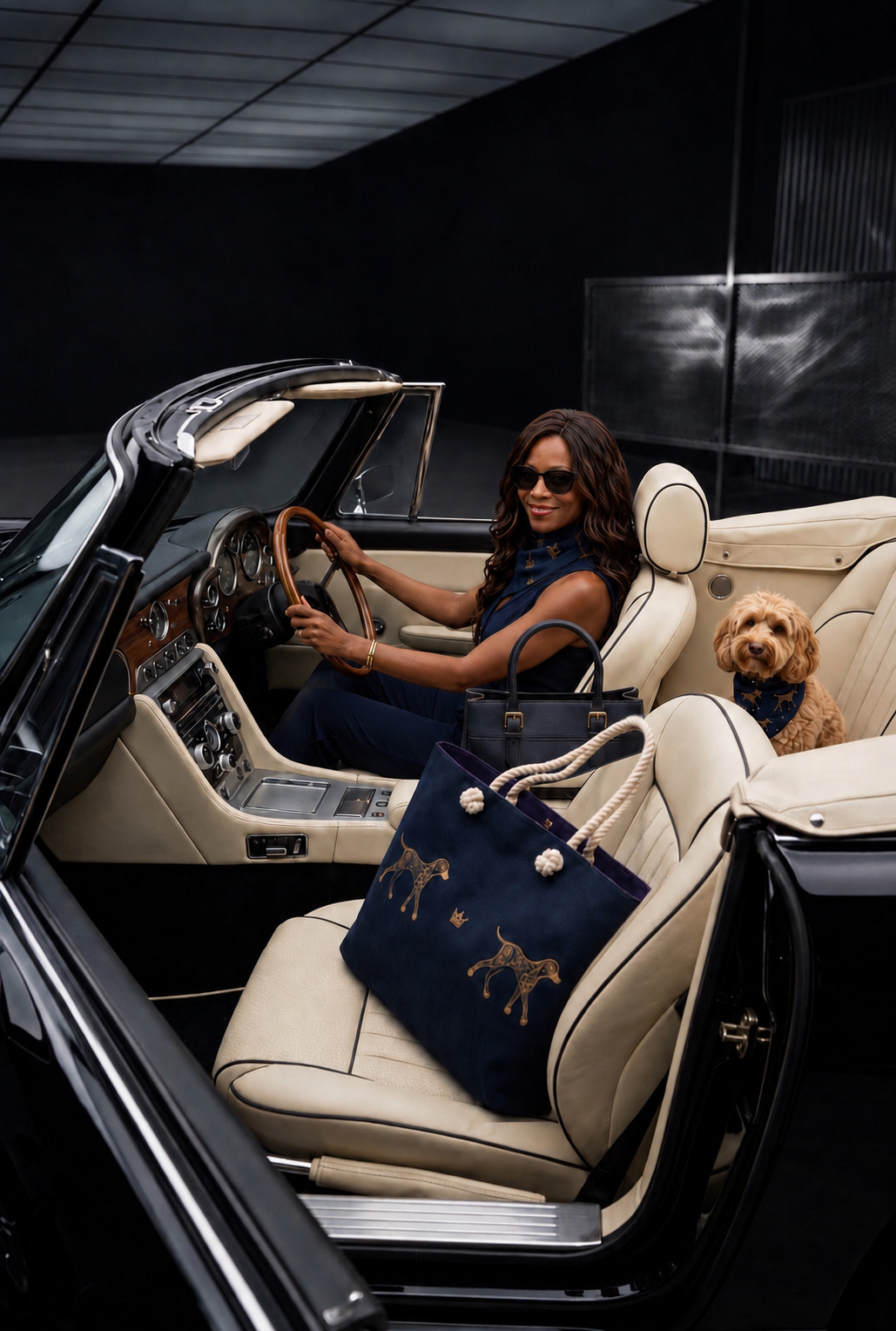 A woman in convertible car, extra large Weekender tote, navy and gold, dog wearing matching bandana