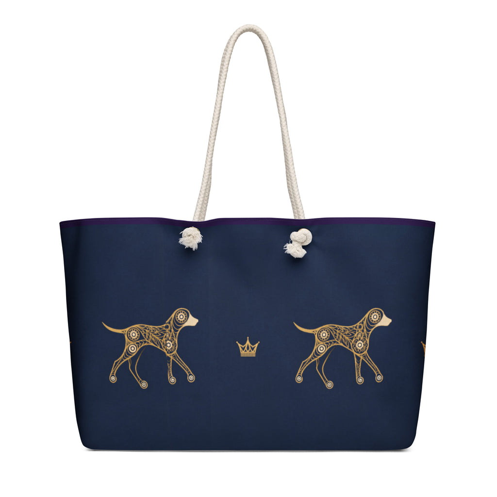 Deep navy and gold, dog-and-crown pattern, geometric-pattern tote back facing with white background by Uncommon Canine Couture Co.