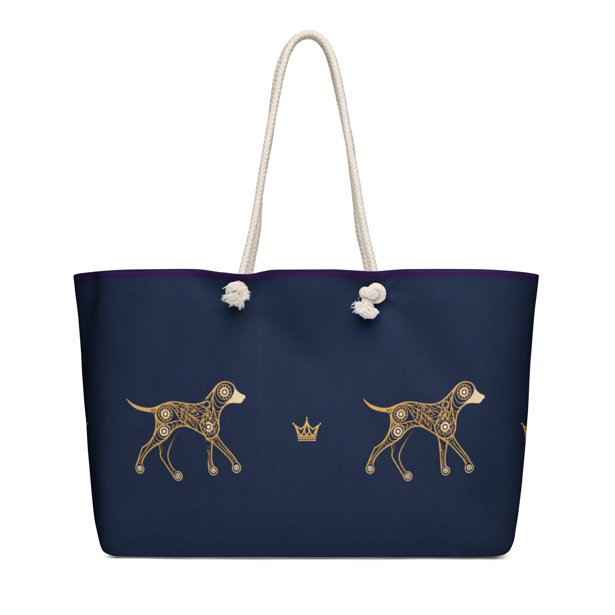 Deep navy and gold, dog-and-crown pattern, geometric-pattern tote back facing with white background by Uncommon Canine Couture Co.