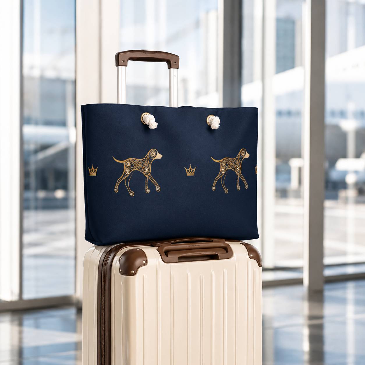 A navy blue tote bag with gold dog and crown motifs sits on top of a cream-colored hardshell suitcase in a bright airport terminal with large windows.