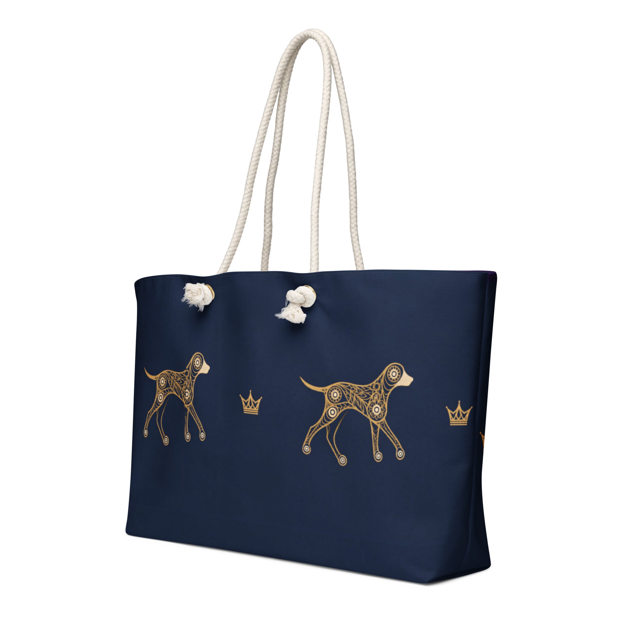 Deep navy and gold, dog-and-crown pattern, geometric-pattern tote with white background by Uncommon Canine Couture Co.