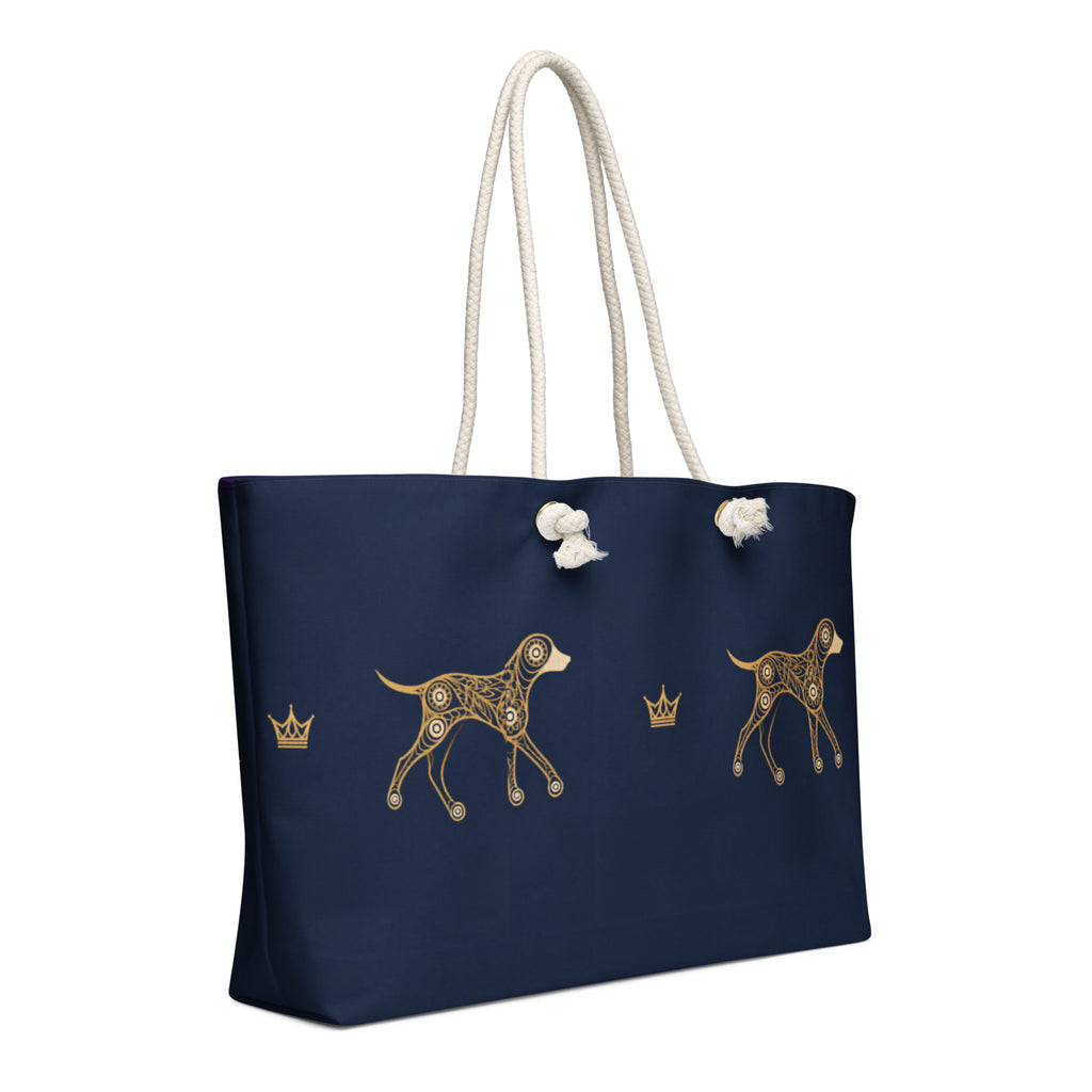Deep navy and gold dog-and-crown pattern, geometric-pattern tote, left-side view with white background by Uncommon Canine Couture Co.