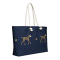 Deep navy and gold dog-and-crown pattern, geometric-pattern tote, left-side view with white background by Uncommon Canine Couture Co.