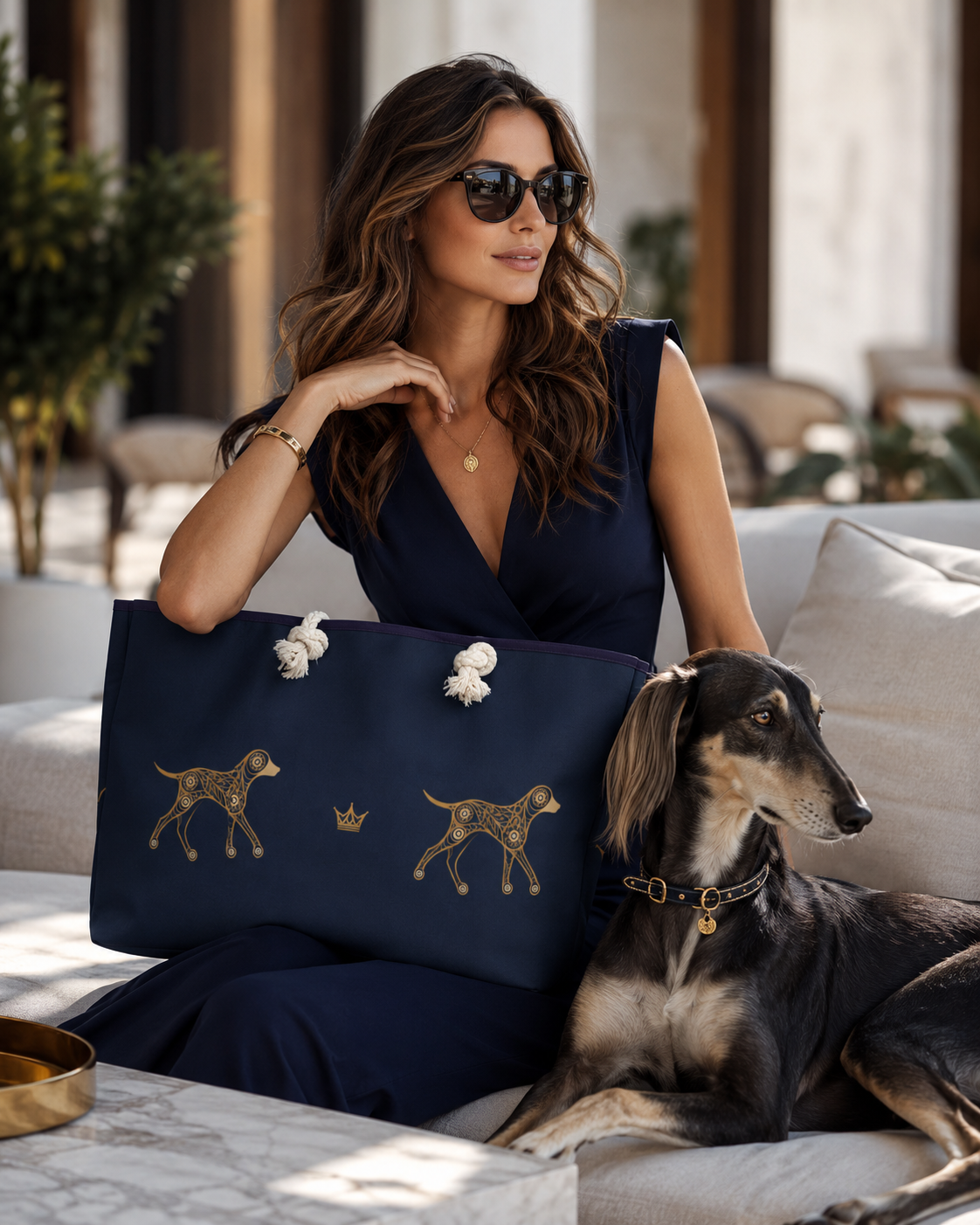 A woman holding a deep navy luxury tote bag with dog designs, sitting next to a dog on a couch.