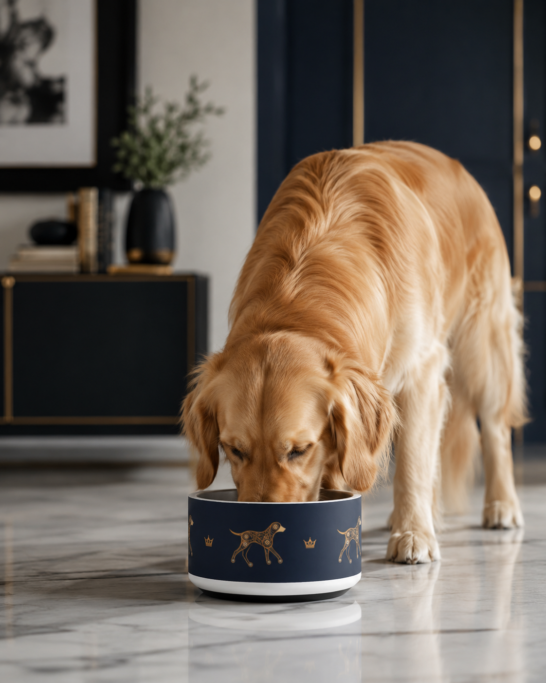 Dog eating from a blue bowl with dog illustrations on a marble floor.