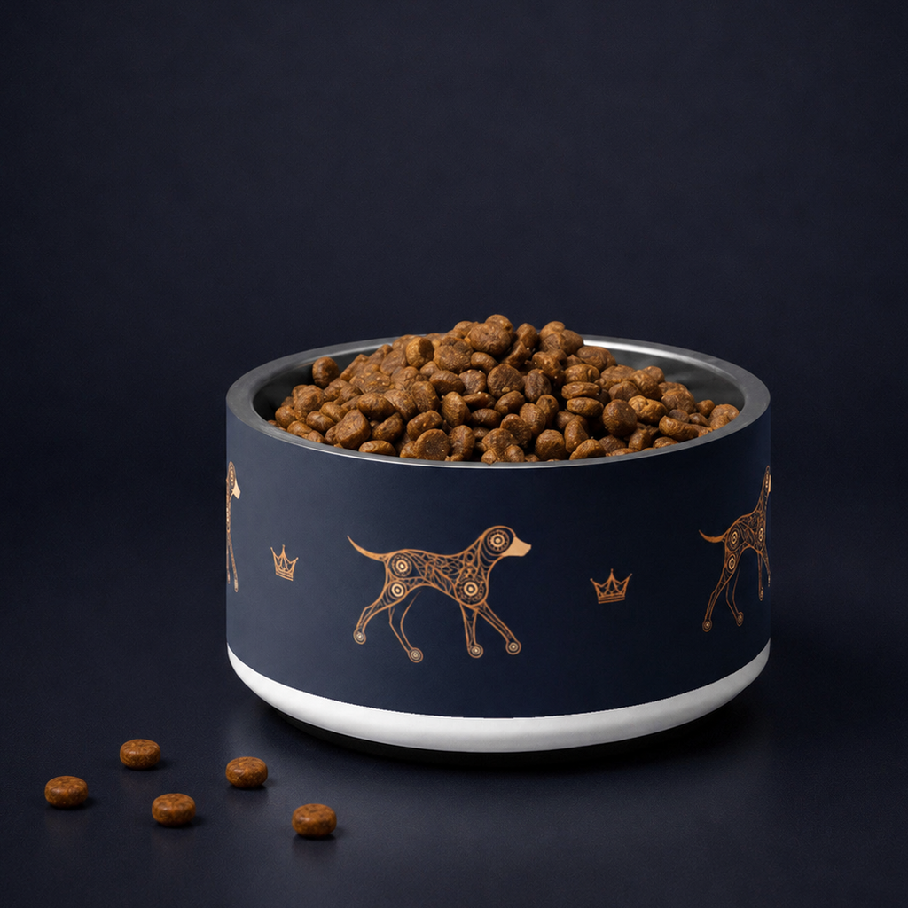 Deep navy and gold dog and crown pattern luxury stainless steel dog bowl, 18oz. Uncommon Canine Couture co