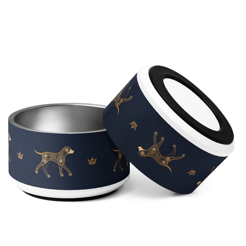 Deep navy and gold dog and crown pattern luxury stainless steel dog bowl, 18oz. Uncommon Canine Couture co
