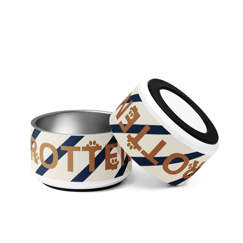 Two stainless steel dog bowls with striped and paw pattens with 'Rotten ‘branding on a white background
