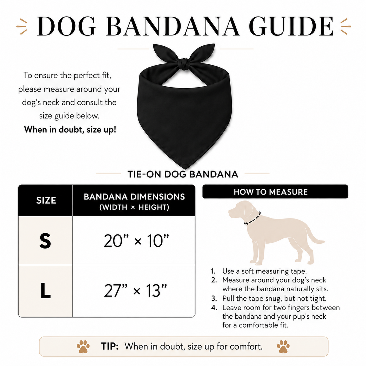 Dog bandana size measurement instructions, a size table with S and L dimensions, and a small dog wearing the bandana.
