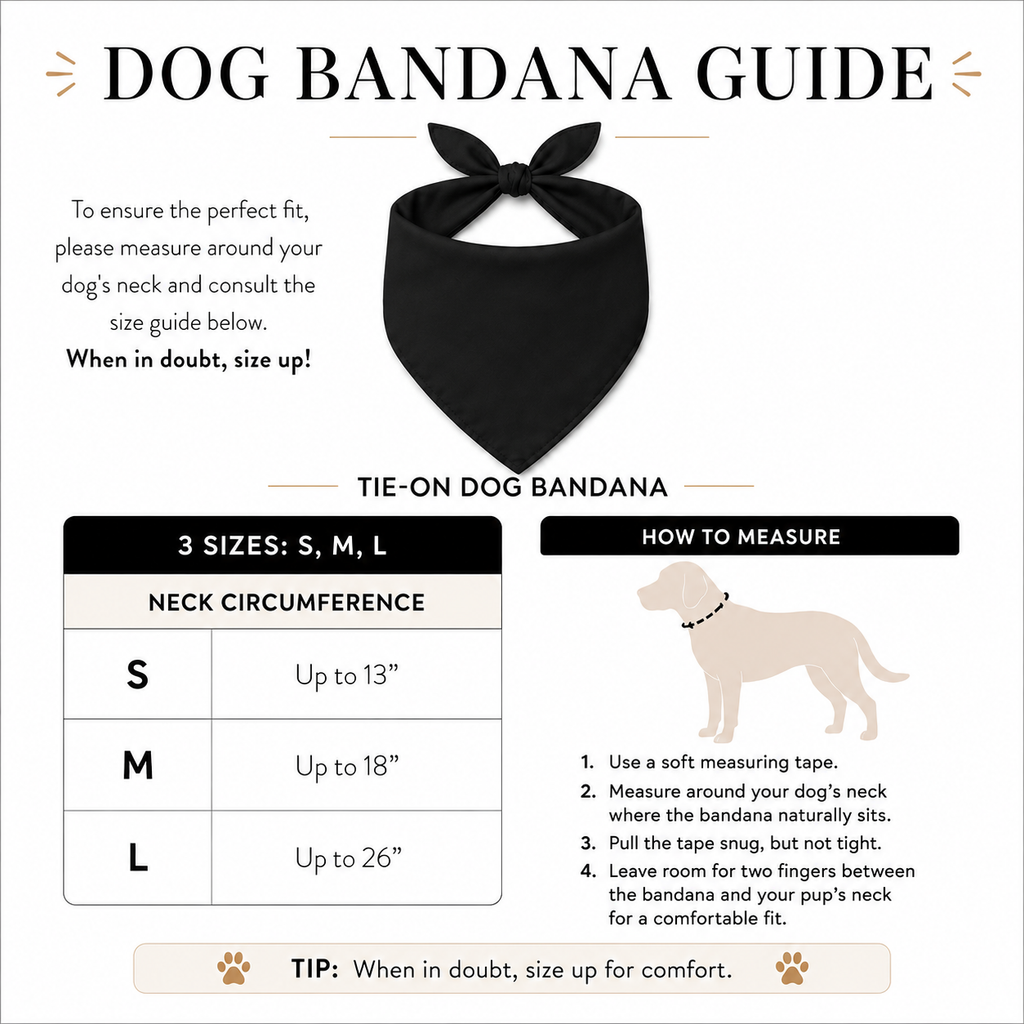 Dog bandana size card with instructions on how to measure. 
