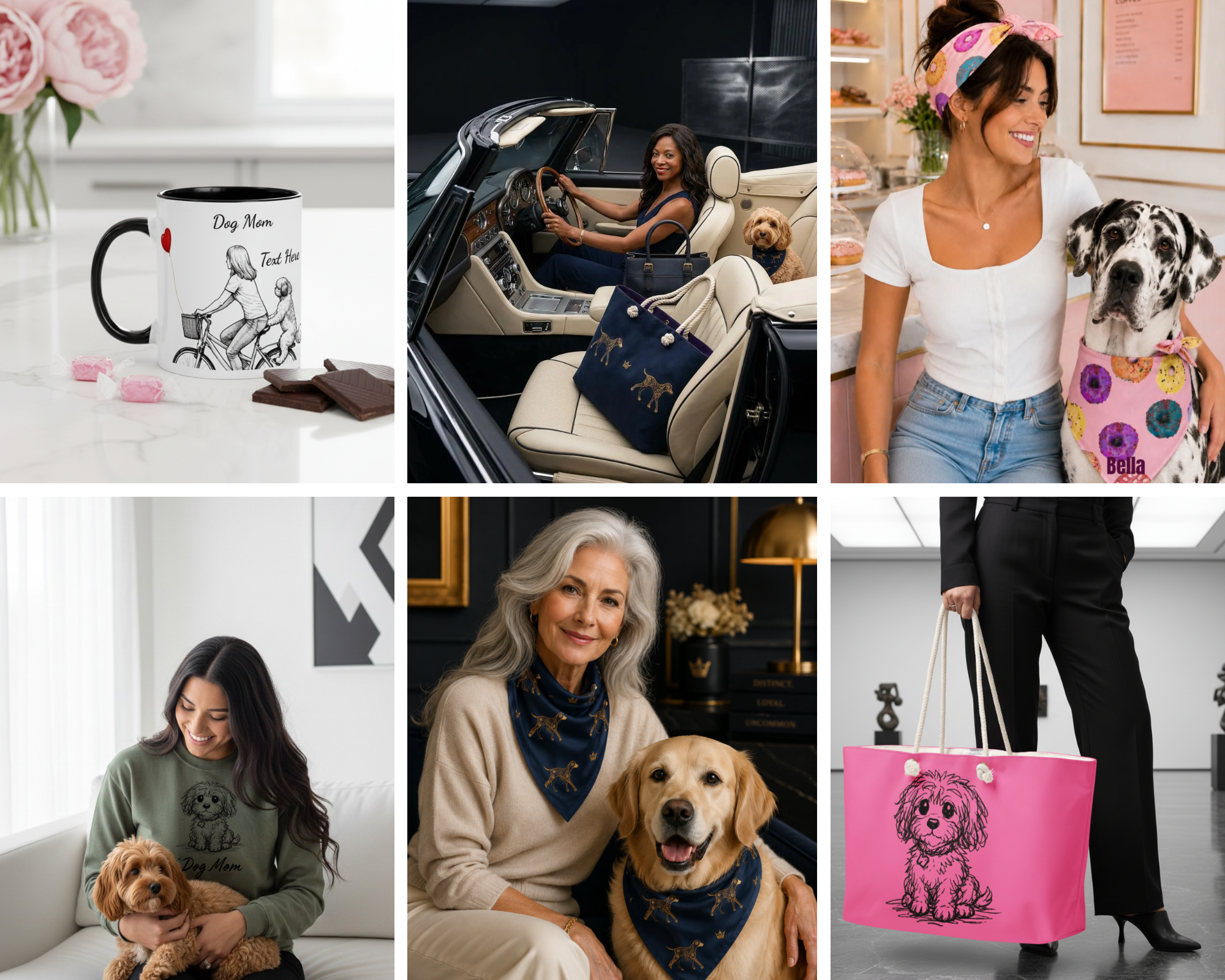 A six-panel collage showcasing personalized and custom curated stylish collection for dog moms
