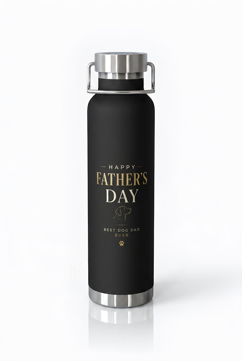 Black water bottle with 'Happy Father's Day Best Dog Dad Ever' text on a white background
