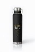 Black water bottle with 'Happy Father's Day Best Dog Dad Ever' text on a white background
