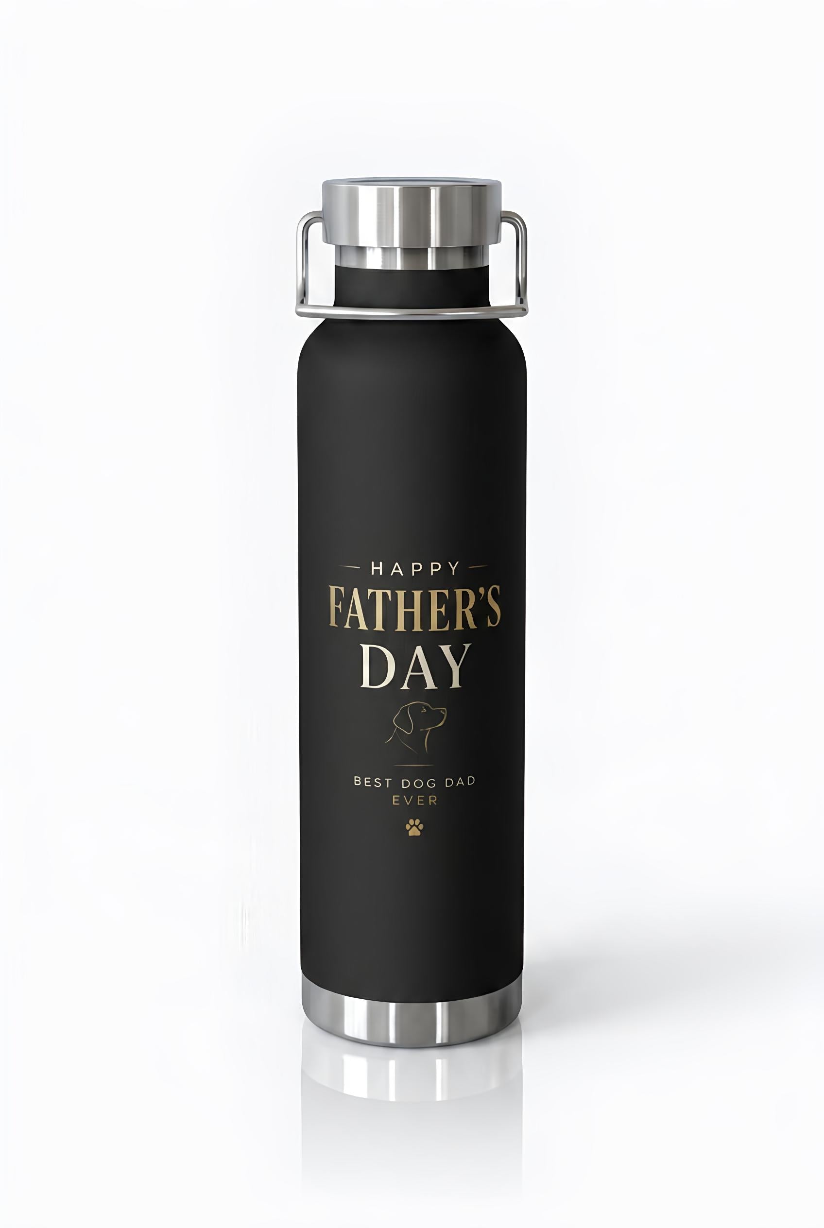 Black water bottle with 'Happy Father's Day Best Dog Dad Ever' text on a white background