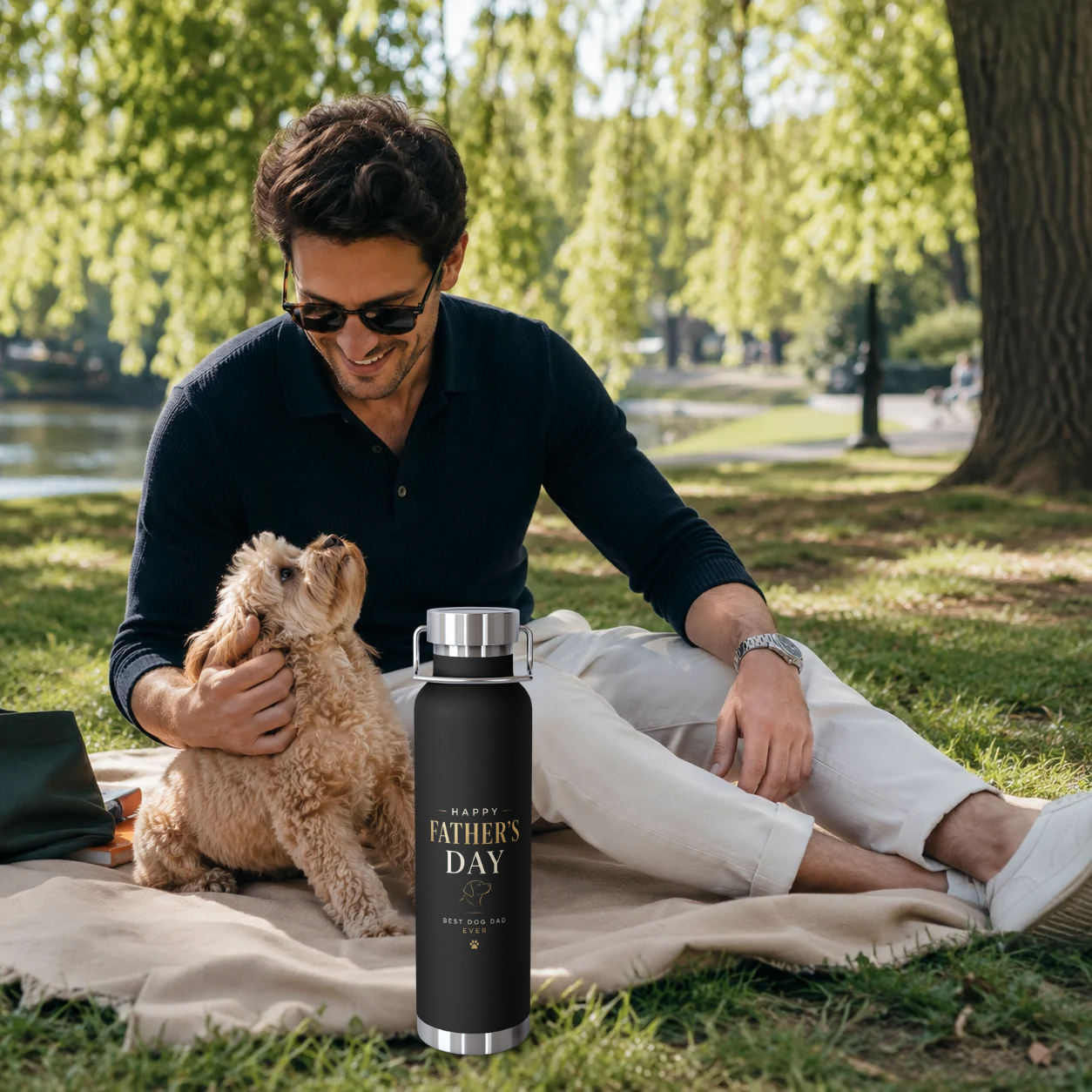Man sitting on a blanket with a dog in a park, holding a Father's Day bottle.