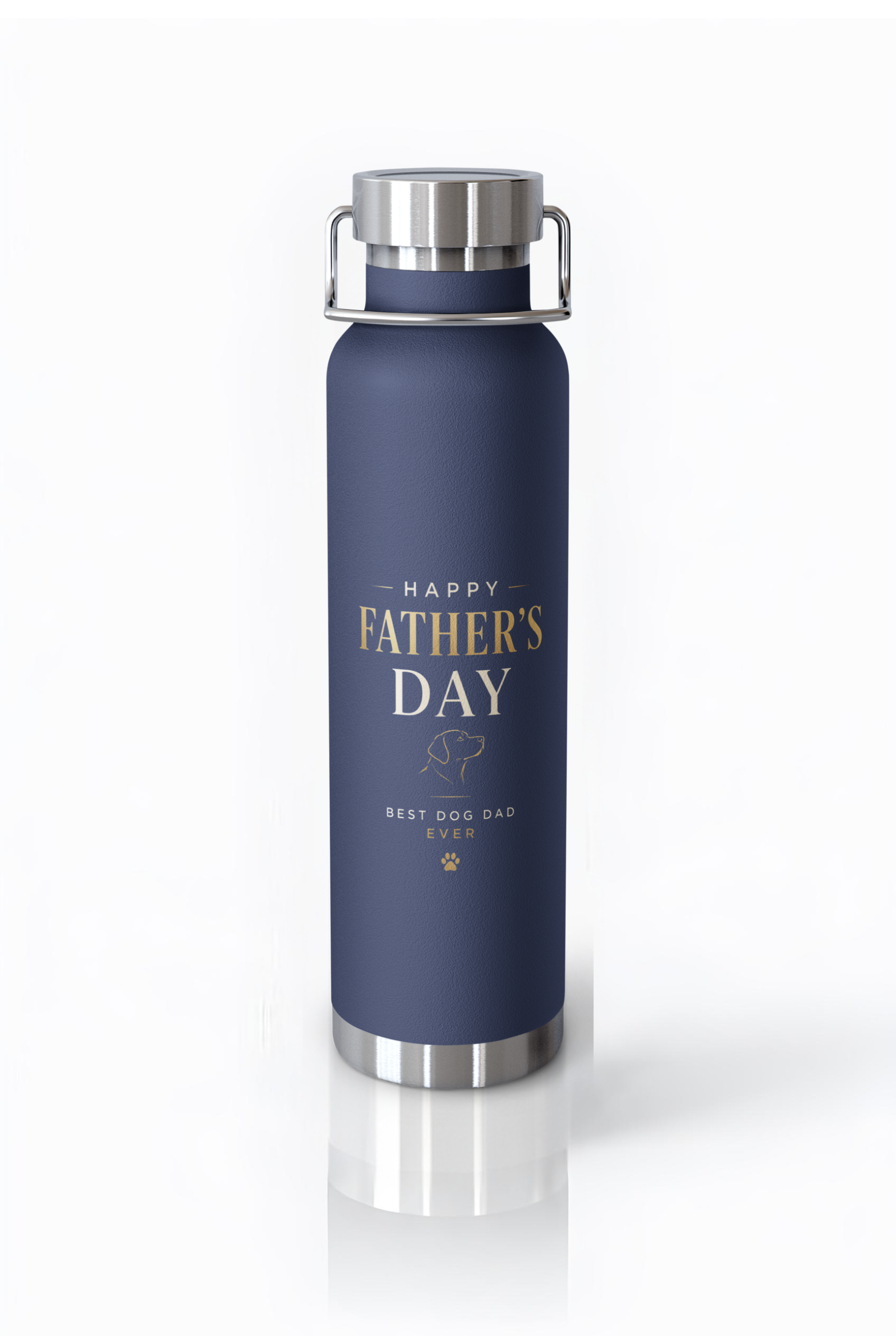 Father’s Day dog dad copper vacuum insulated thermos bottle in deep blue, 22 oz, by Uncommon Canine Couture Co. 