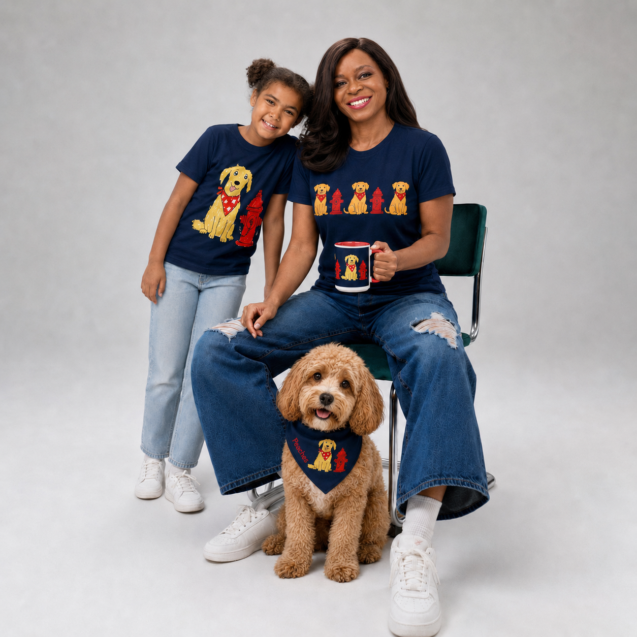 A woman and a young girl wearing matching navy shirts, dog collar-bandana, and mug featuring fire  hydrant design,  in a studio setting.
