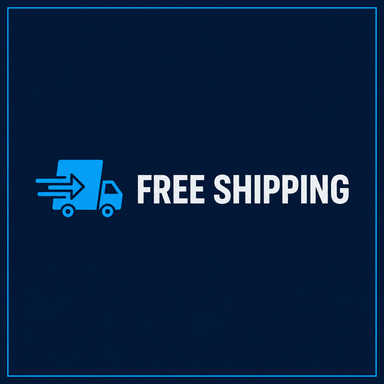 A promotional graphic with a blue delivery truck icon and the words 'FREE SHIPPING' in white on a dark navy background.