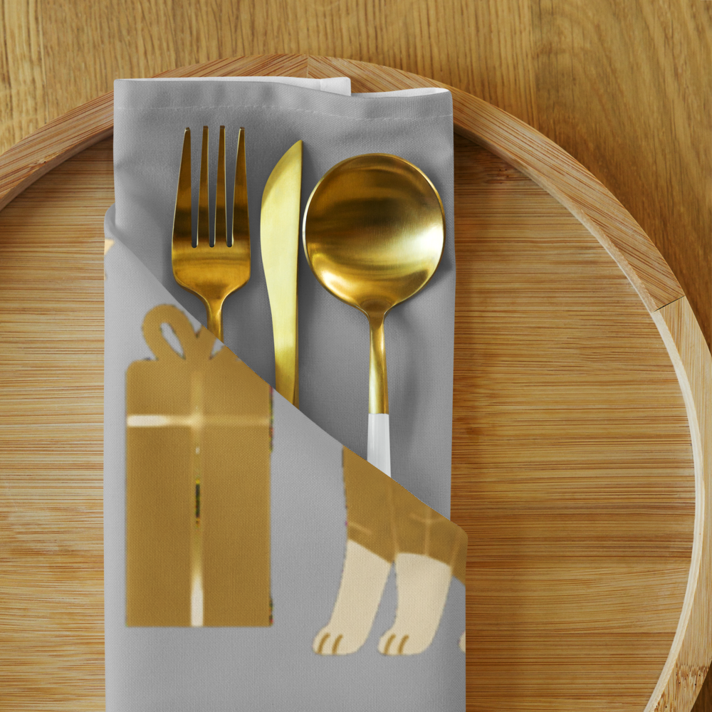 Gold-toned metal cutlery, including a fork, knife, and spoon, arranged on a sliver cloth napkin with a gold dog, and gift box graphic.
