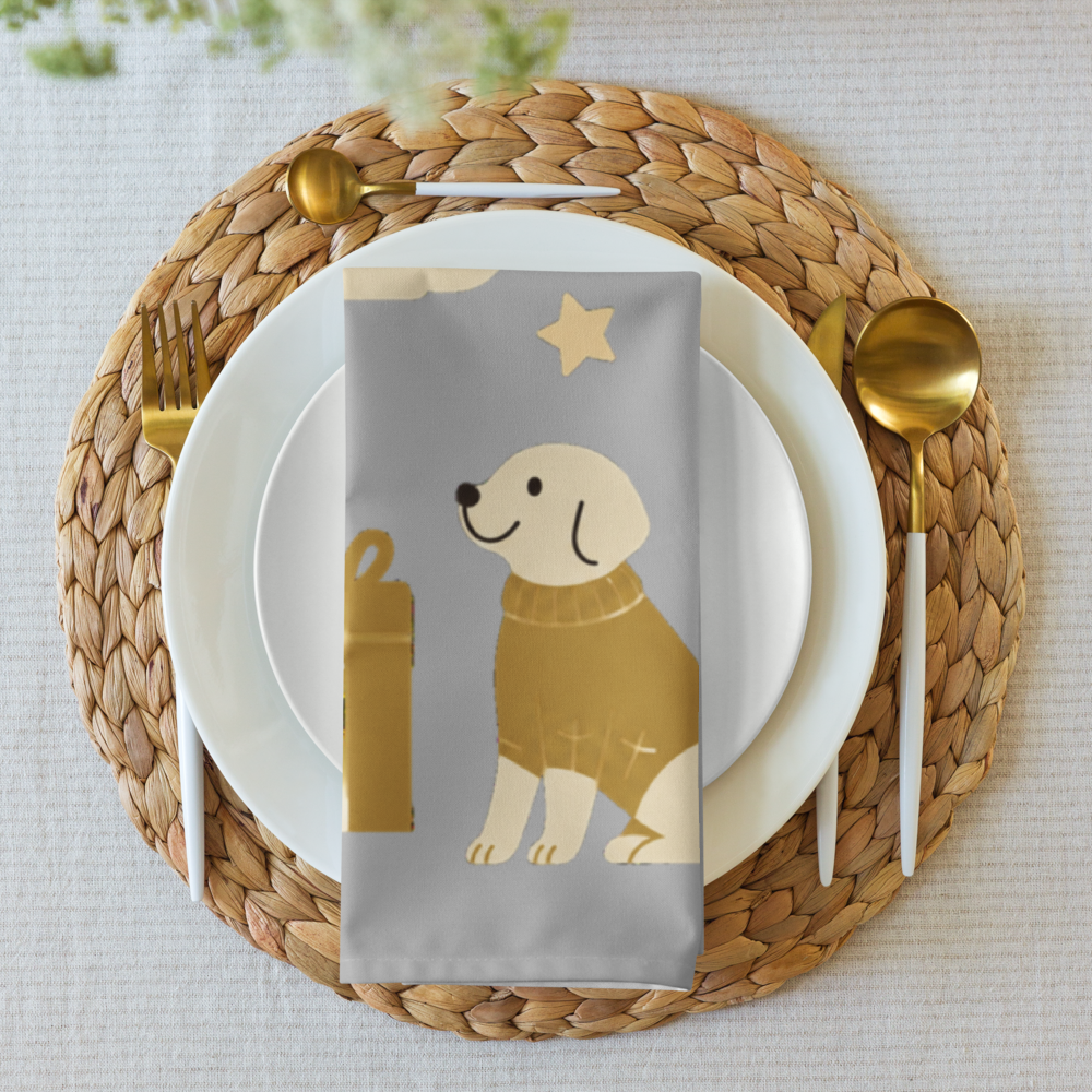 A styled place setting featuring a silver napkin with a cartoon dog wearing a gold sweater, layered over white plates and set on a woven round placemat.