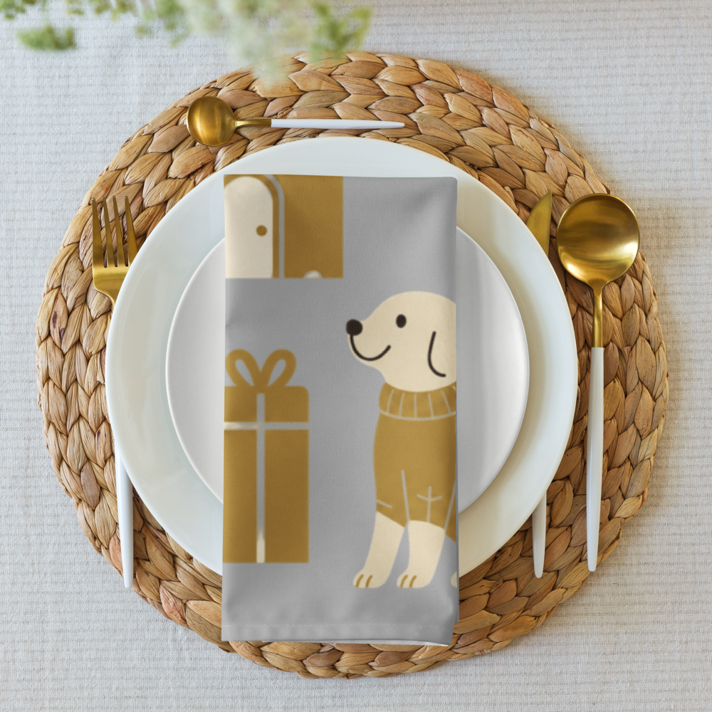 A styled place setting featuring a silver and gold napkin with a cartoon dog illustration, layered over white plates