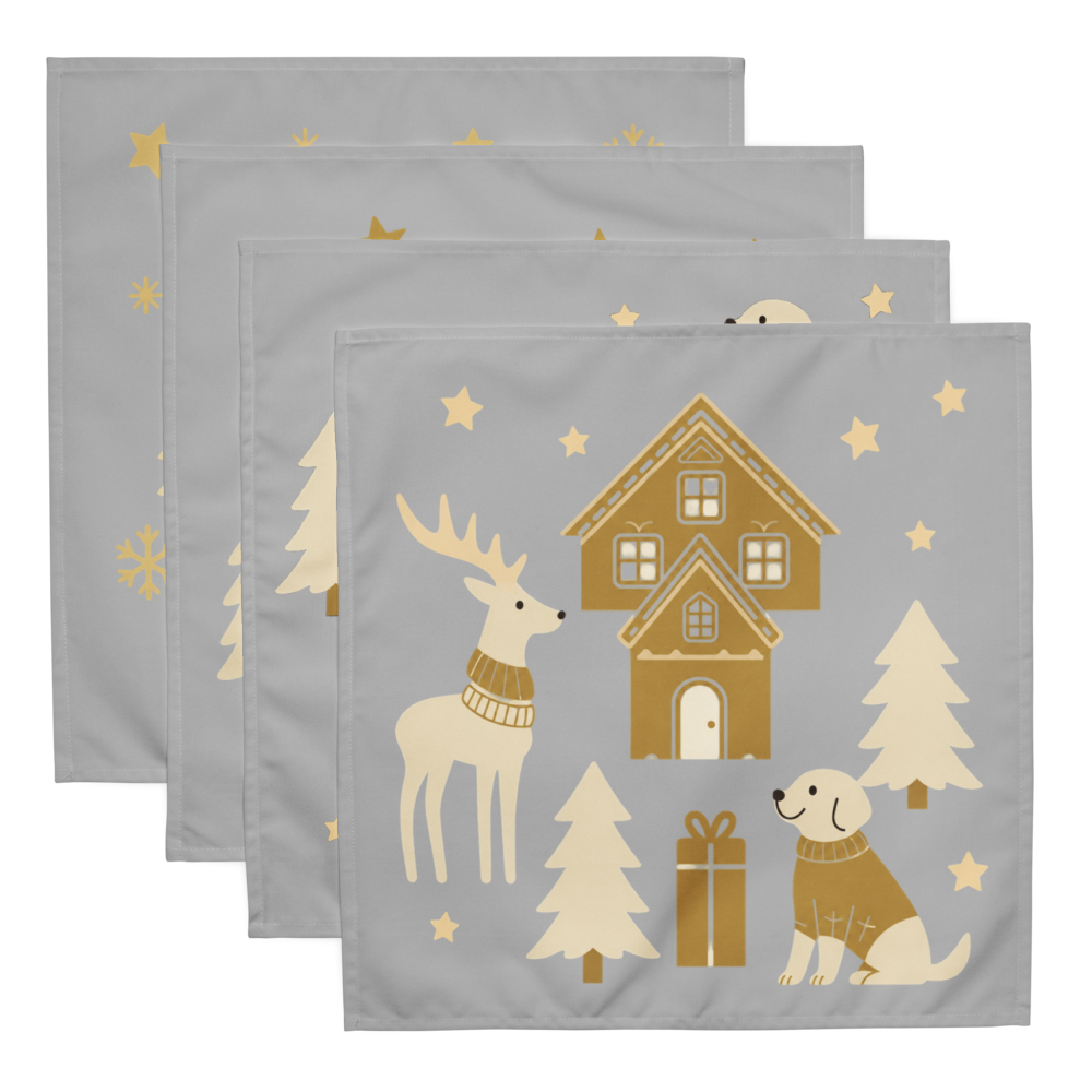 Four square gray placemats with a winter holiday illustration, including a house, deer, dog, trees, stars, and snowflakes, arranged in a staggered stack on a white background.