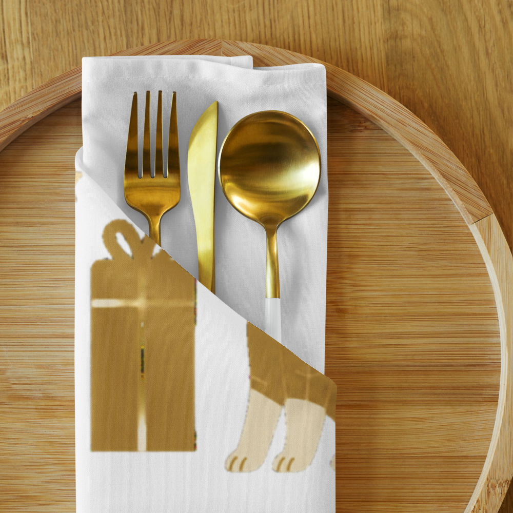 Gold-toned metal cutlery, including a fork, knife, and spoon, arranged on a white cloth napkin with a gold dog, and gift box graphic.