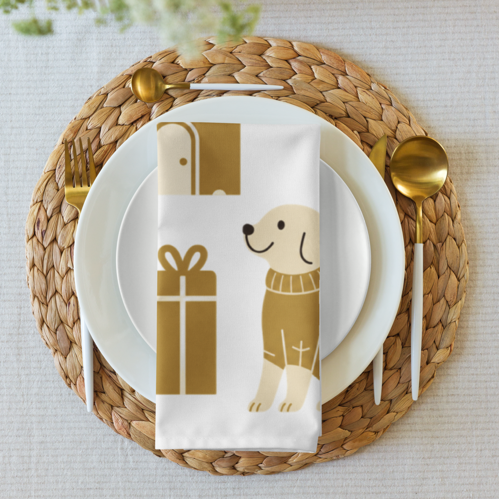 A very Canine Christmas | Cloth Napkin Set of 4 White and Gold