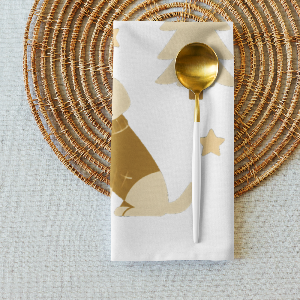 A white cloth napkin with a minimalist gold and gold dog silhouette, styled on a round woven wicker placemat with a gold spoon.