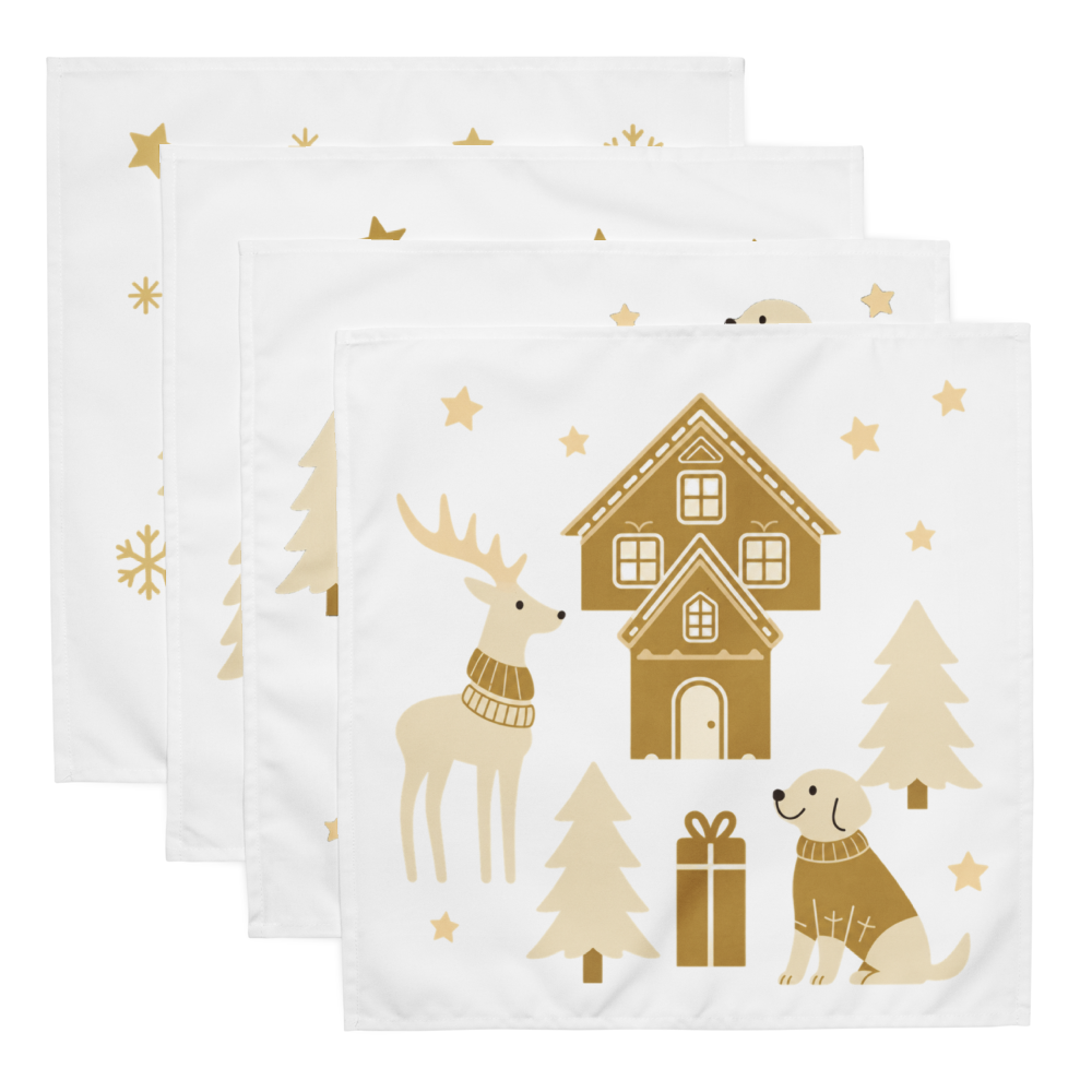 Four different square white cloth napkins 4 set, layered slightly offset, each printed with a gold holiday village design featuring a house, deer, dog, and trees. 