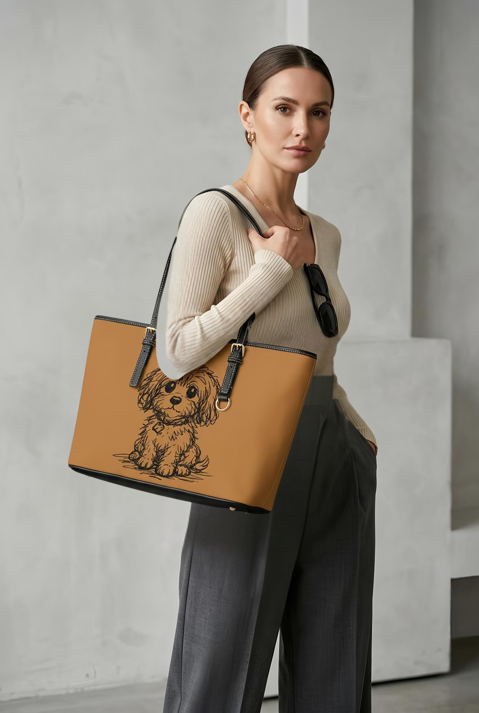 Woman holding a tan tote bag with a dog illustration against a gray concrete wall.