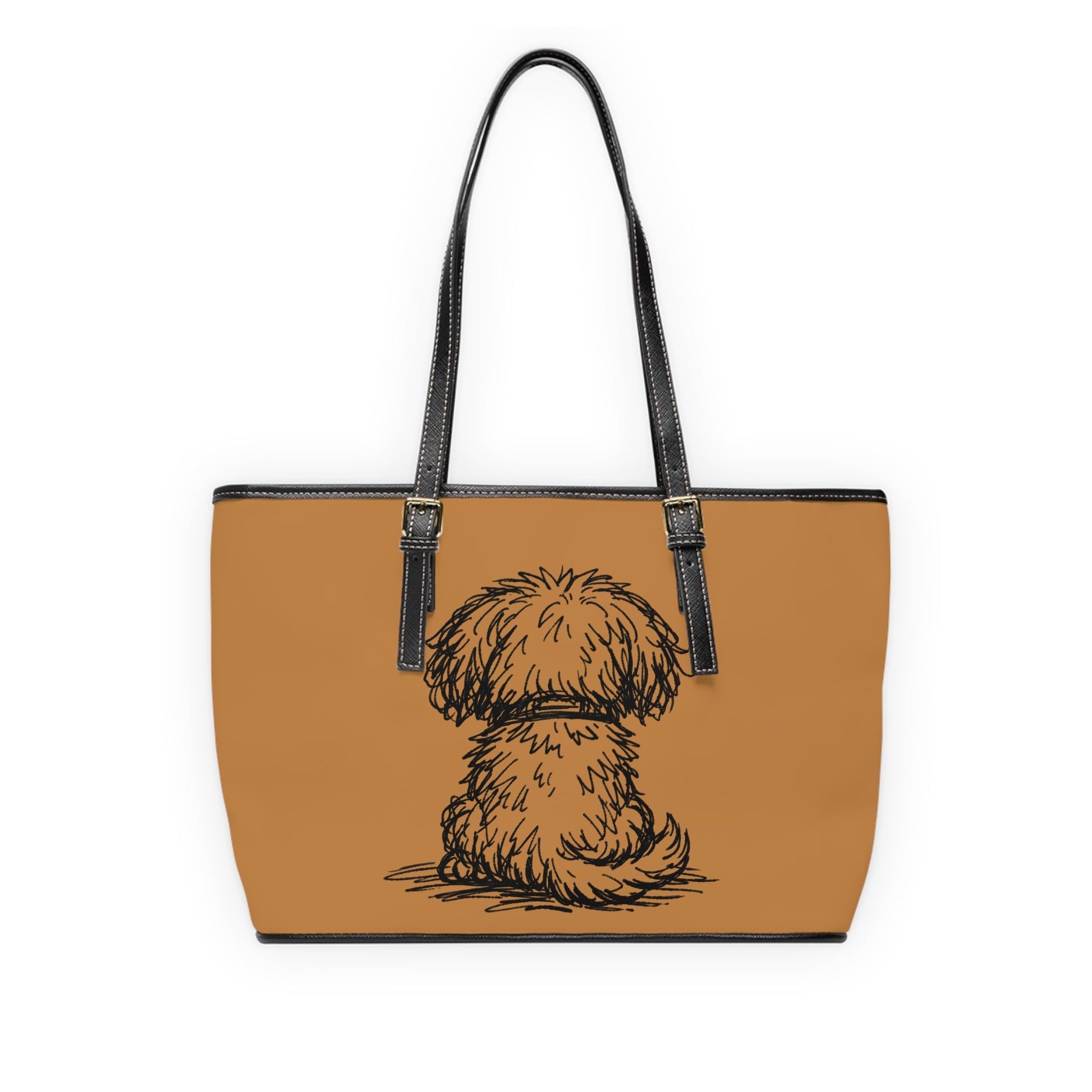 Tan tote bag with a dog illustration backside on a white background