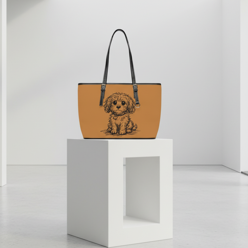 Tan handbag with a dog illustration on a white pedestal