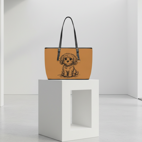 Tan handbag with a dog illustration on a white pedestal