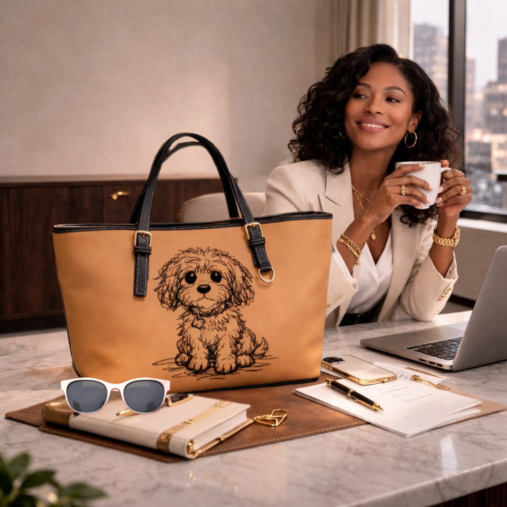 Woman sitting at a desk with a tan handbag featuring a dog illustration, sunglasses, notebook, and phone.