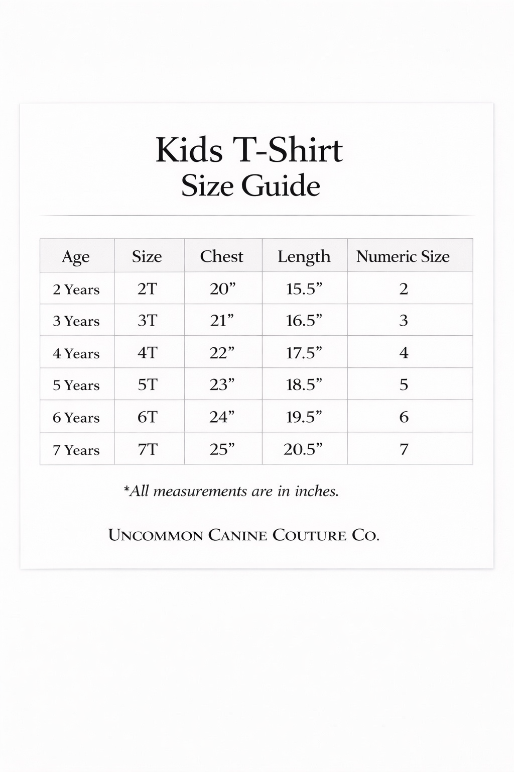 Kids T-Shirt Size Guide with measurements and age ranges on a white background