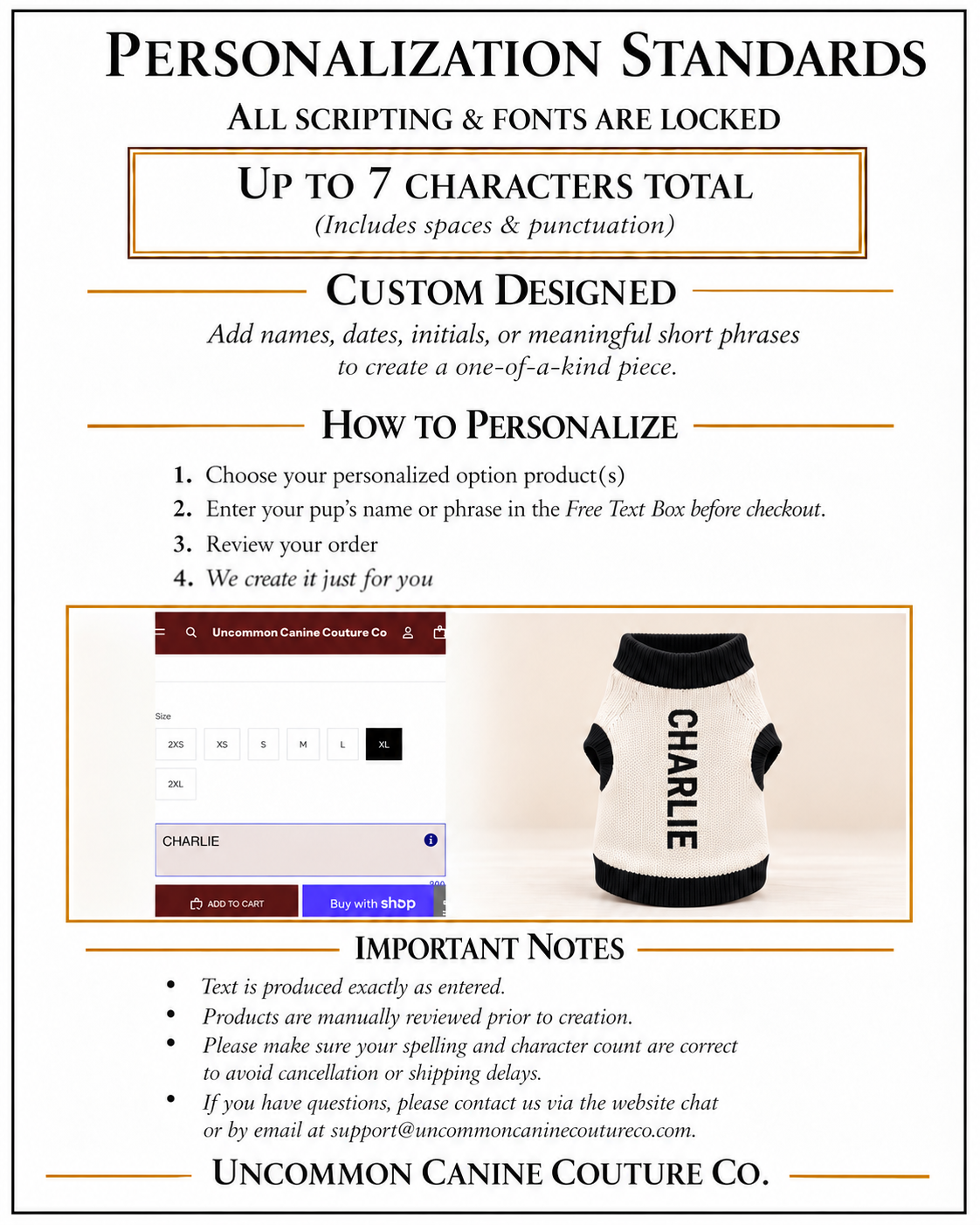 Personalized dog sweater instruction card, how to request up to seven special characters to the apparel.