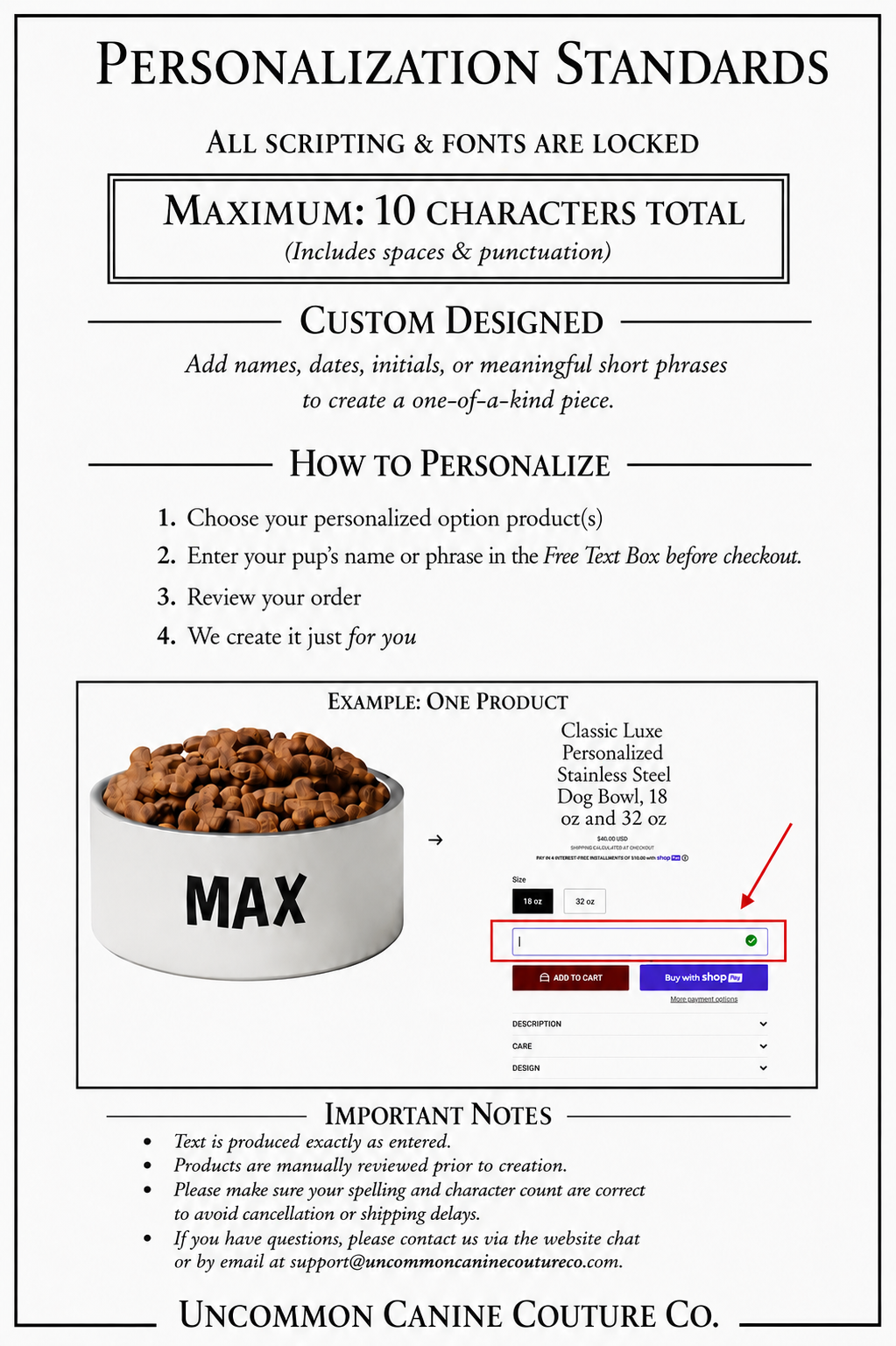 A customization standards sheet for Uncommon Canine Couture Co., explaining character limits, personalization options, order form.