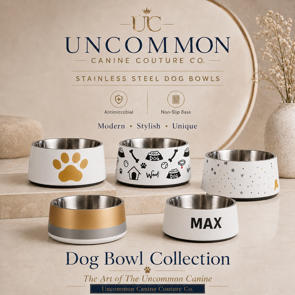 Collection of stainless steel dog bowls with various designs on a neutral background, featuring the Uncommon Canine Couture Co. brand.