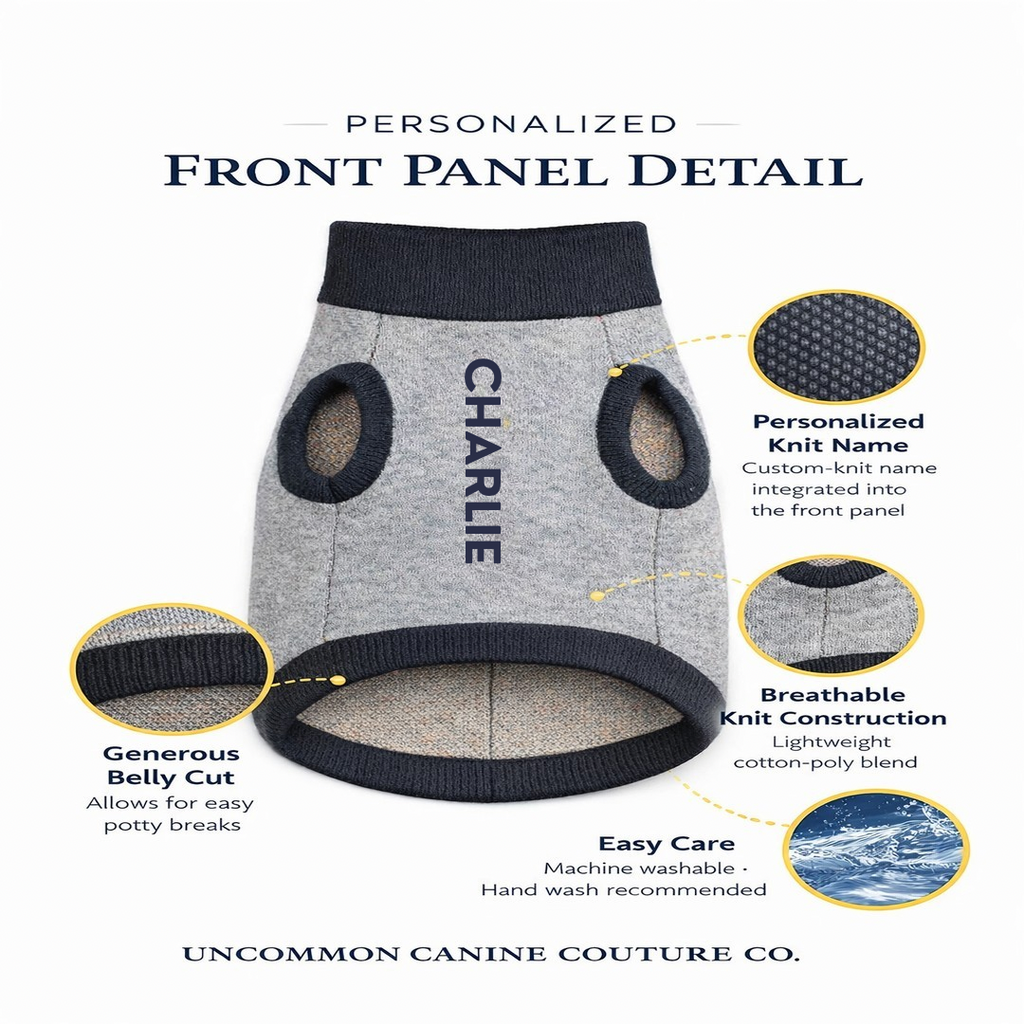 Personalized dog sweater detail card.  Machine Washable, Cotton breathable, generous belly cut for potty time images. 