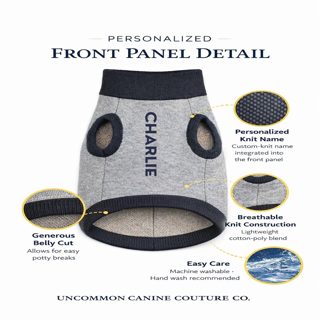 Personalized dog sweater detail card.  Machine Washable, Cotton breathable, generous belly cut for potty time images. 