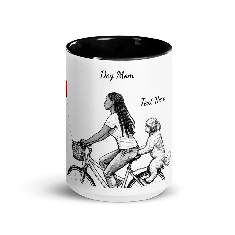 A personalized Mug with illustration of a woman and dog on a bike, text 'Dog Mom’ and ‘Text Here'.