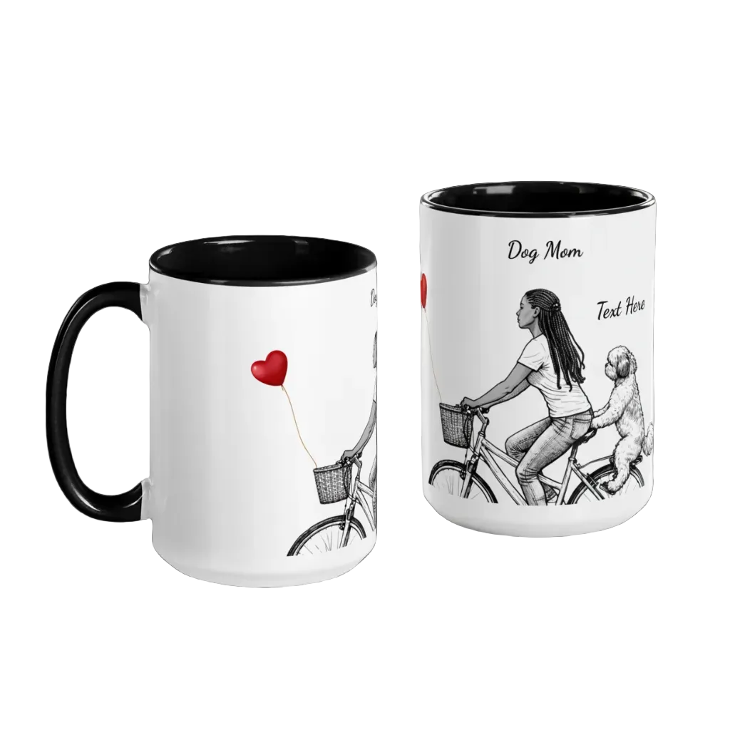 A personalized white ceramic mugs with black interiors and handles, The mug features a woman and Dog bicycle illustration with a red heart-shaped balloon, with text 'Dog Mom' and 'Text Here'.