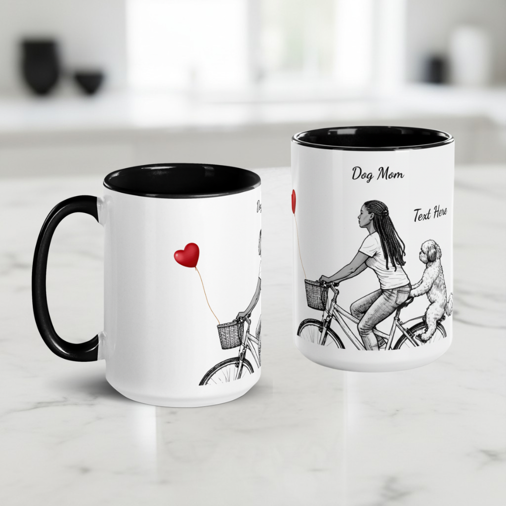 Two mugs with black interior and handle, featuring illustrations of a black woman on a bike with a dog and a heart ballon.