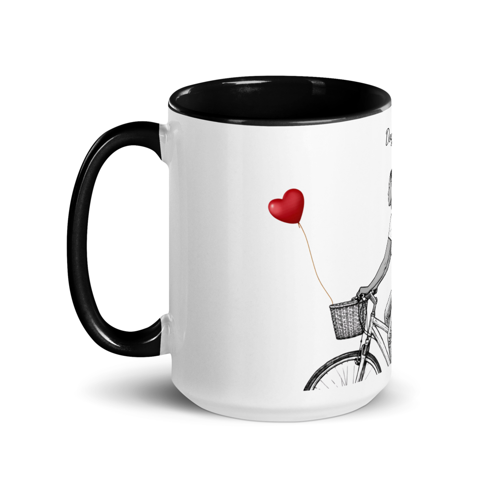 Mug with bicycle and heart balloon design on a white background