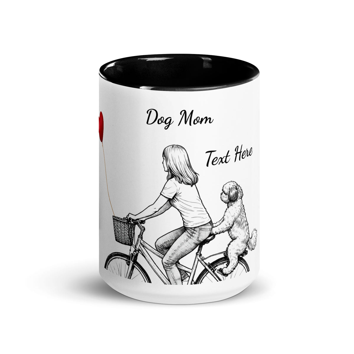 A mug with black interior and handle, featuring illustrations of a woman on a bike with a dog and text 'Dog Mom Text Here'.