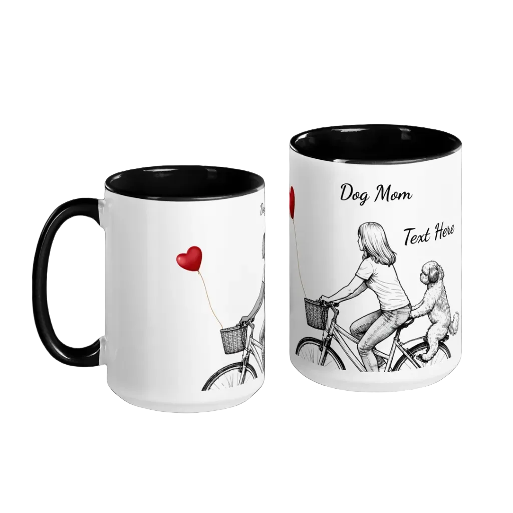 A white ceramic mugs with black interiors and handles, shown on a white background. The mug features a black-and-white bicycle illustration with woman, dog, a red heart-shaped balloon, and the other shows customizable text reading 'Dog Mom Text Here'.