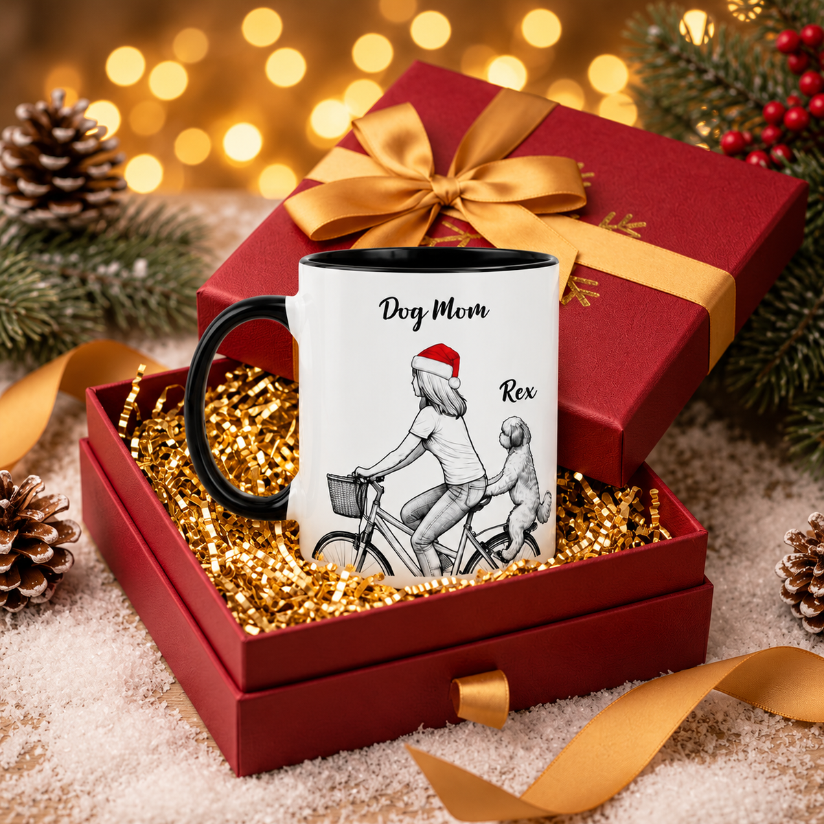 A white ceramic mug with a black handle and interior, printed with a black-and-white illustration of a woman and dog riding a bicycle and the words 'Dog Mom' and 'Rex.' The mug is presented in an open red gift box.