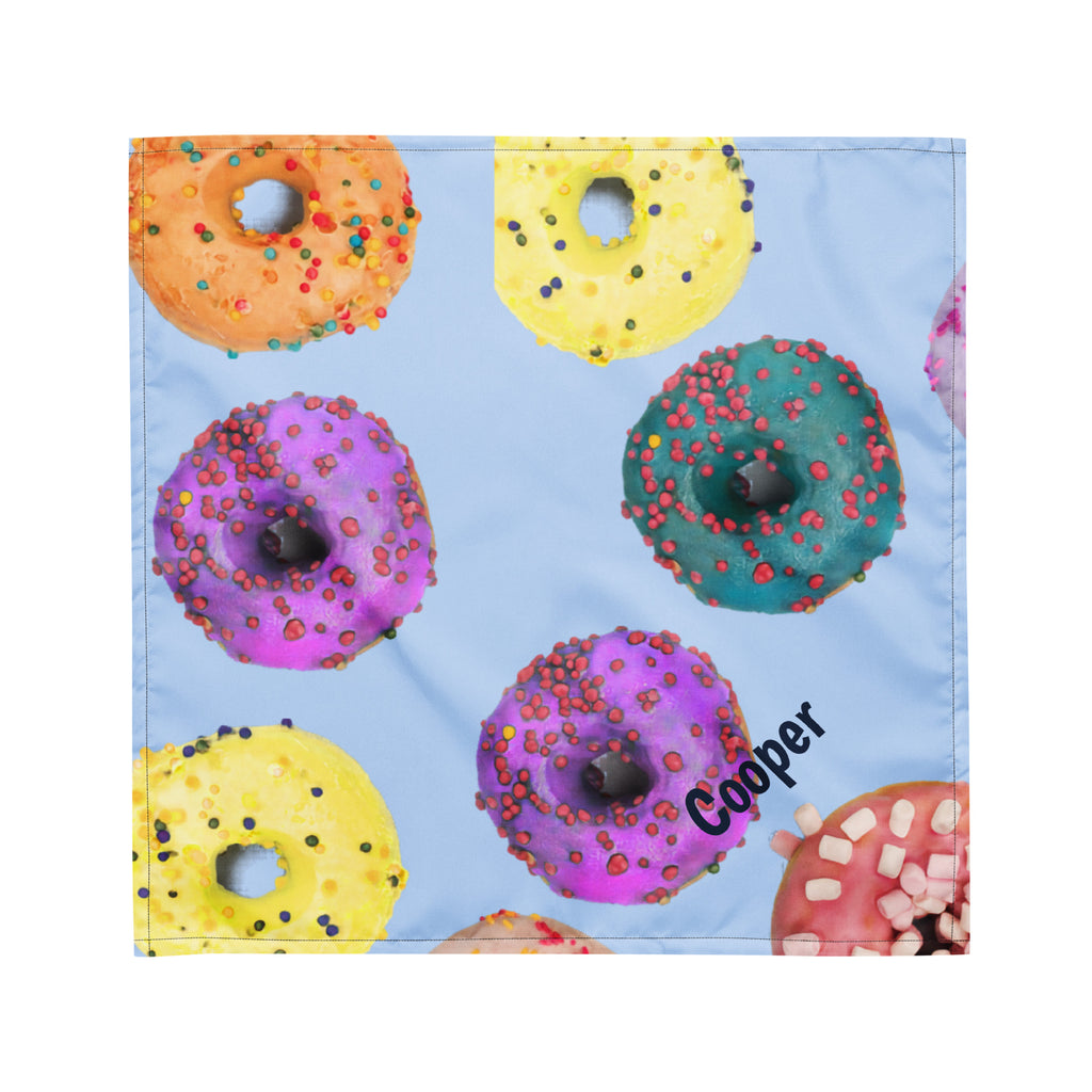 Personalized baby blue dog and human matching bandana with multi-colored frosted donuts pattern