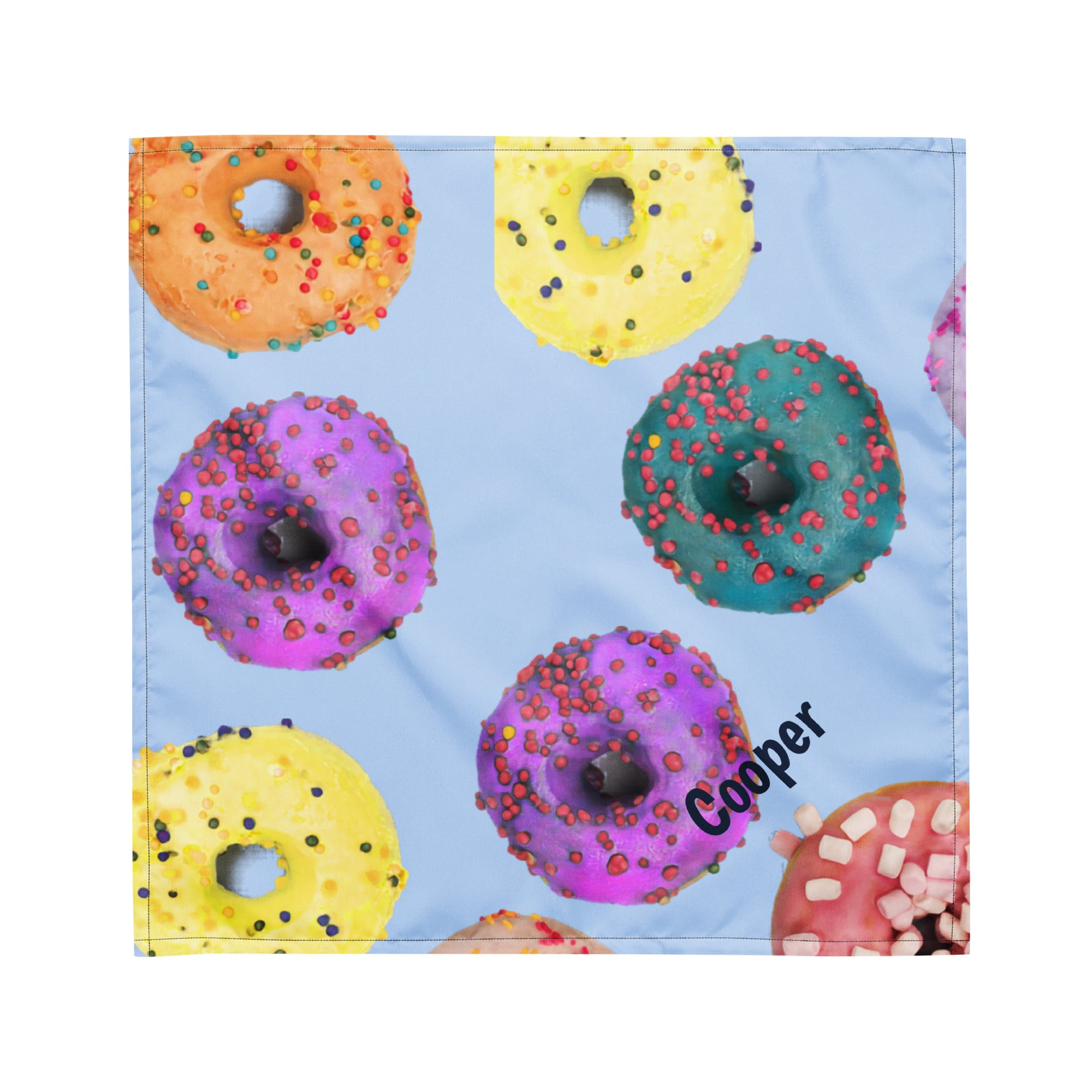 Personalized baby blue dog and human matching bandana with multi-colored frosted donuts pattern